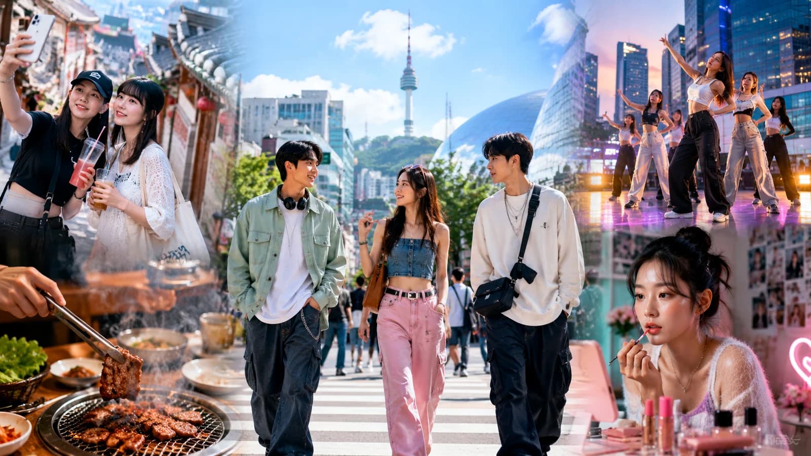 Korean trends lifestyle collage with Seoul, food, beauty, travel, and performance scenes